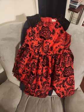 Wonderkids Red and Black Velvet Burnout Floral Dress